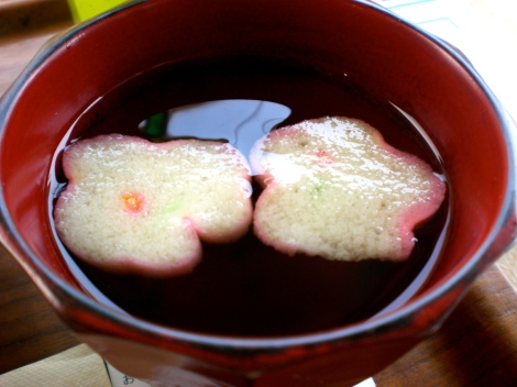 I light soup with pretty flower shaped fishcakes.